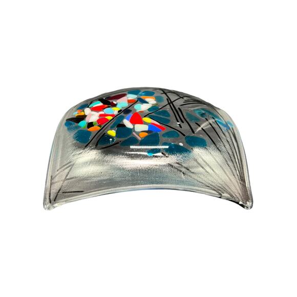 Beautiful Fused Glass Bowl Blues Reds Blacks Square w/ Corners Turned Up - EUC - Picture 3 of 3